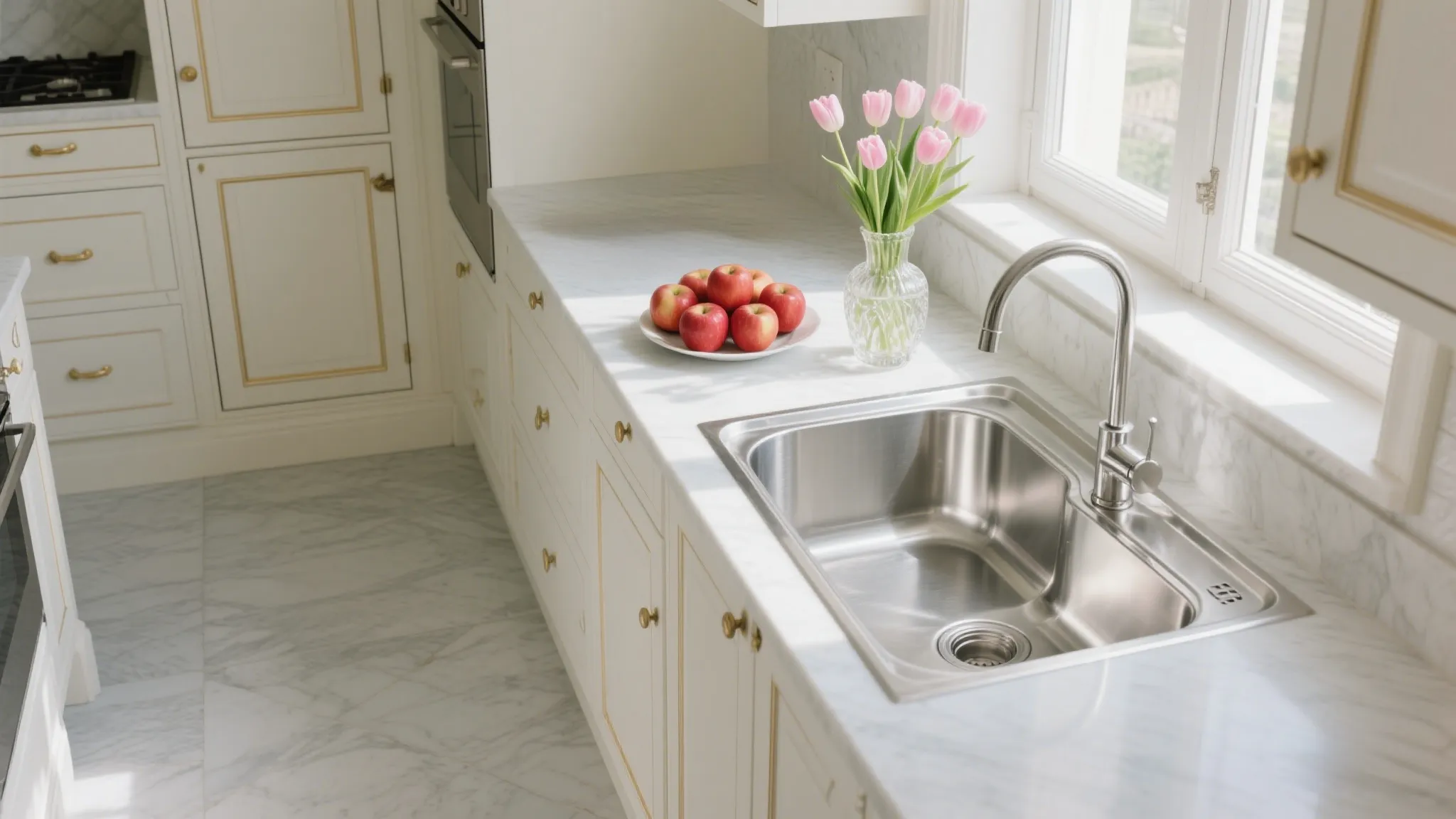 Modern kitchen with rectangular stainless steel sink embedded in white countertop with wooden cabinets below, silver faucet, and kitchen items including plates and bottles